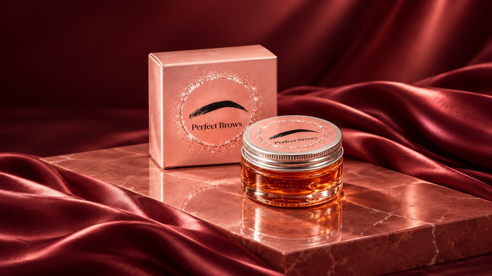 عبوة جل Perfect Brows بغطائها الفضي وملصقها الوردي في تصوير إعلاني